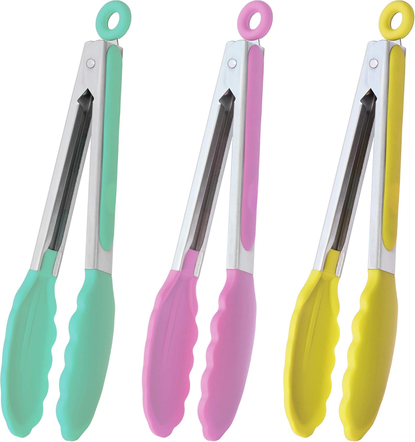 9-Inch Serving Tongs with Silicone Tips, Set of 3 (Mint Pink Yellow)
