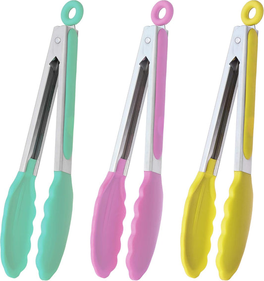 9-Inch Serving Tongs with Silicone Tips, Set of 3 (Mint Pink Yellow)