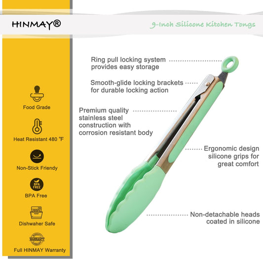 9-Inch Serving Tongs with Silicone Tips, Set of 3 (Mint Pink Yellow)