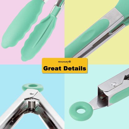 9-Inch Serving Tongs with Silicone Tips, Set of 3 (Mint Pink Yellow)