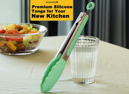 9-Inch Serving Tongs with Silicone Tips, Set of 3 (Mint Pink Yellow)
