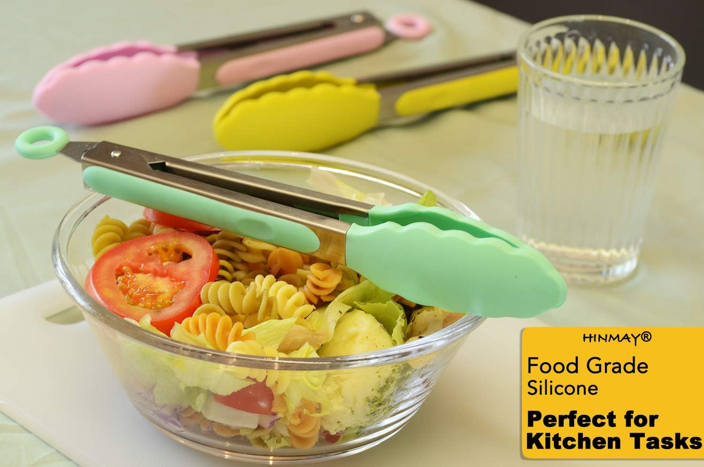 9-Inch Serving Tongs with Silicone Tips, Set of 3 (Mint Pink Yellow)