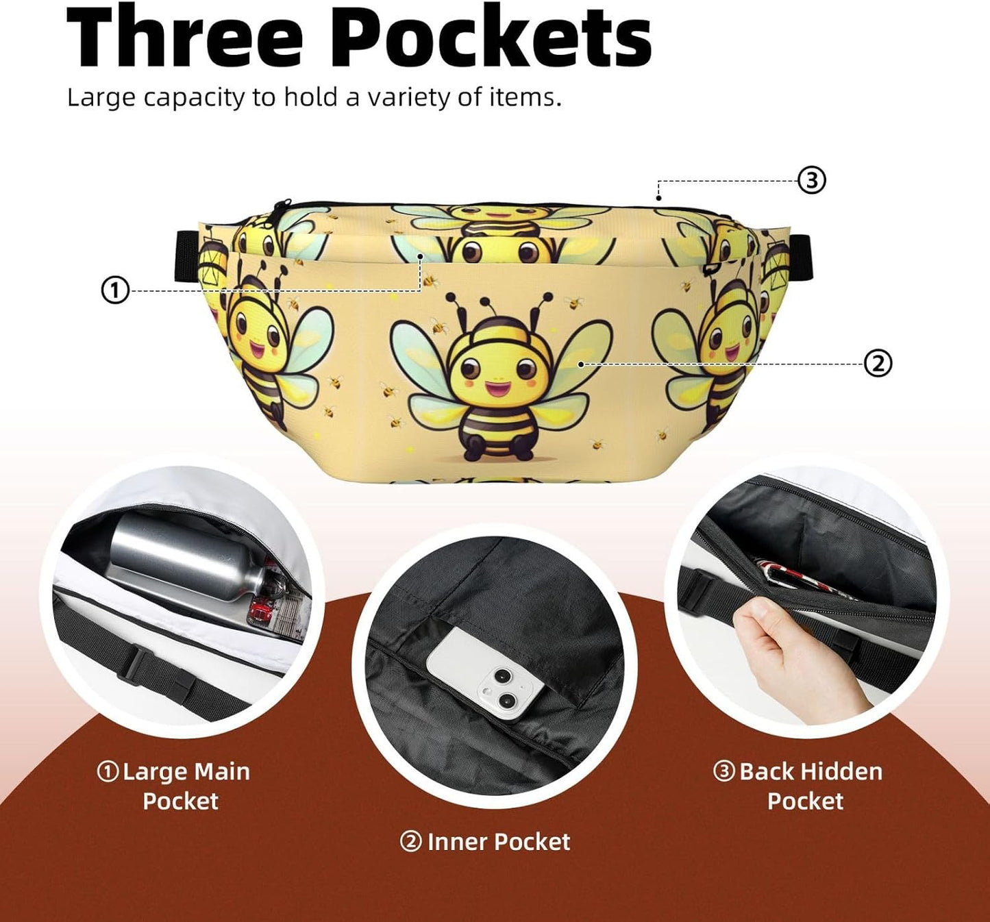 Yellow bee Running Waist Pack-No-Bounce Phone Holder for Gym, Waterproof Crossbody Fanny Pack with Adjustable Belt