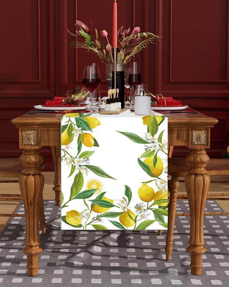 Spring Table Runner Lemon Watercolor Painting 13x72 inches, Seasonal Holiday Kitchen Decor in Spring Summer