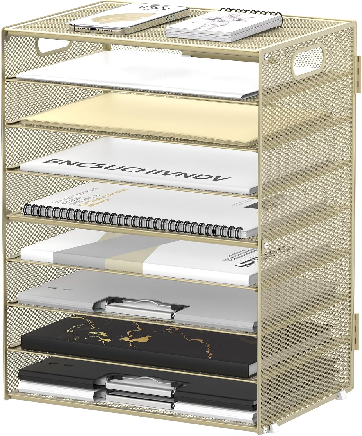 9-Tier Paper Organizer for Desk, Mesh Letter Tray Desk Organizer with Handles, Space-Saving File Organizer for Office Home School, Golden Yellow