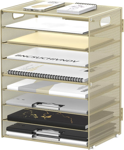 9-Tier Paper Organizer for Desk, Mesh Letter Tray Desk Organizer with Handles, Space-Saving File Organizer for Office Home School, Golden Yellow