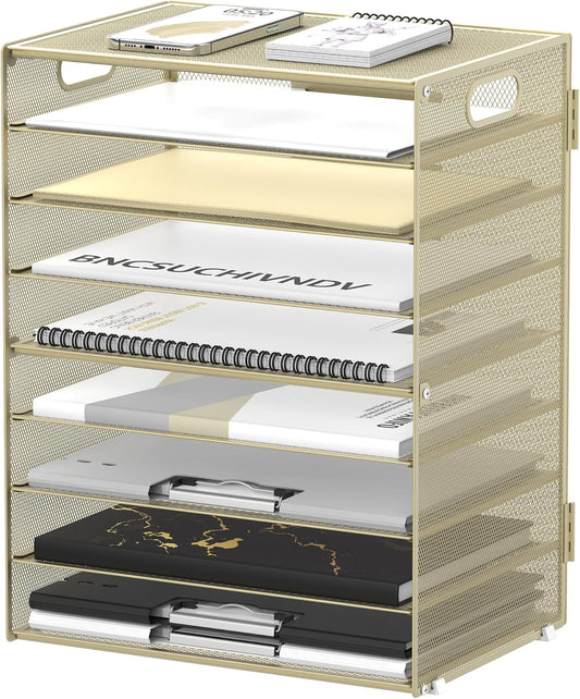 9-Tier Paper Organizer for Desk, Mesh Letter Tray Desk Organizer with Handles, Space-Saving File Organizer for Office Home School, Golden Yellow