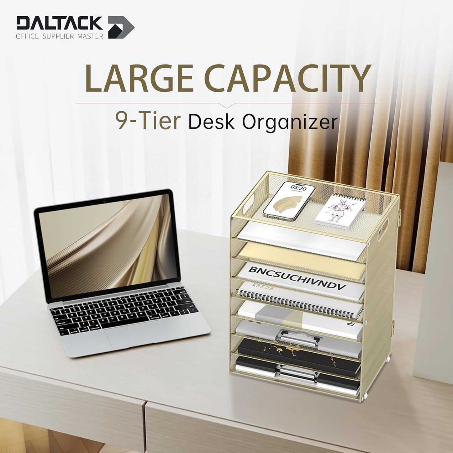 9-Tier Paper Organizer for Desk, Mesh Letter Tray Desk Organizer with Handles, Space-Saving File Organizer for Office Home School, Golden Yellow
