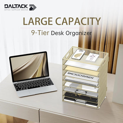 9-Tier Paper Organizer for Desk, Mesh Letter Tray Desk Organizer with Handles, Space-Saving File Organizer for Office Home School, Golden Yellow