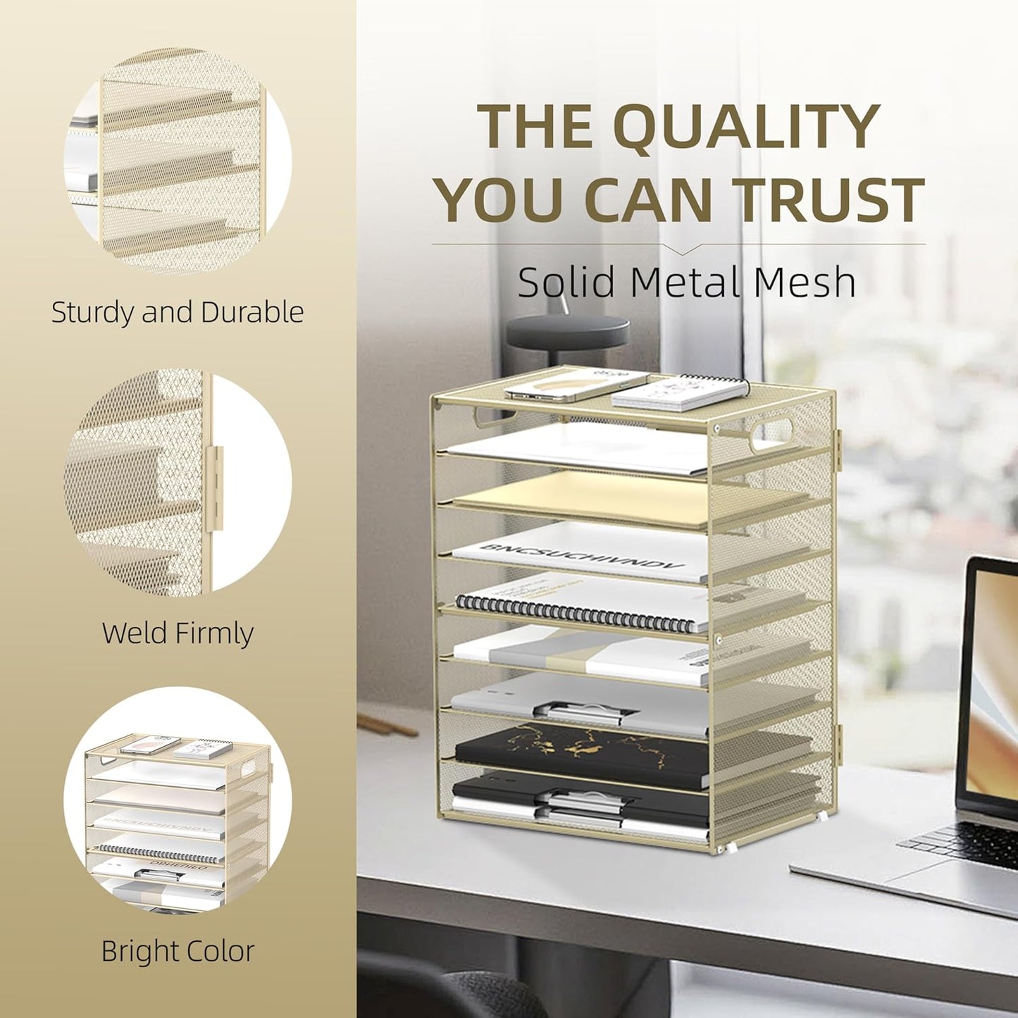 9-Tier Paper Organizer for Desk, Mesh Letter Tray Desk Organizer with Handles, Space-Saving File Organizer for Office Home School, Golden Yellow