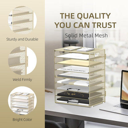 9-Tier Paper Organizer for Desk, Mesh Letter Tray Desk Organizer with Handles, Space-Saving File Organizer for Office Home School, Golden Yellow