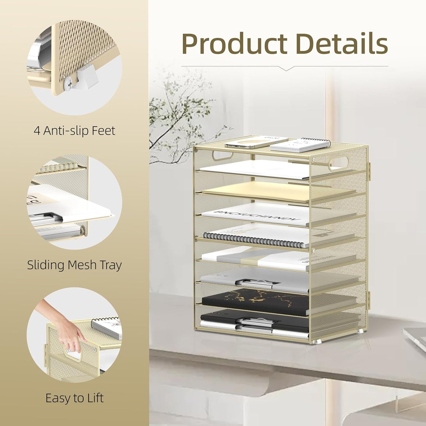 9-Tier Paper Organizer for Desk, Mesh Letter Tray Desk Organizer with Handles, Space-Saving File Organizer for Office Home School, Golden Yellow