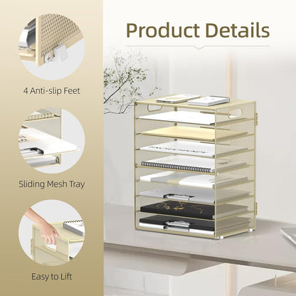 9-Tier Paper Organizer for Desk, Mesh Letter Tray Desk Organizer with Handles, Space-Saving File Organizer for Office Home School, Golden Yellow