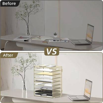 9-Tier Paper Organizer for Desk, Mesh Letter Tray Desk Organizer with Handles, Space-Saving File Organizer for Office Home School, Golden Yellow