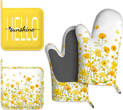 Yellow Flowers Oven Mitts and Pot Holders 4pcs Set, Hello Sunshine Kitchen Oven Gloves 11 inch, Summer Flower Heat Resistant Kitchen Glove Hot Pads, Floral Oven Mitts and Potholder for Kitchen