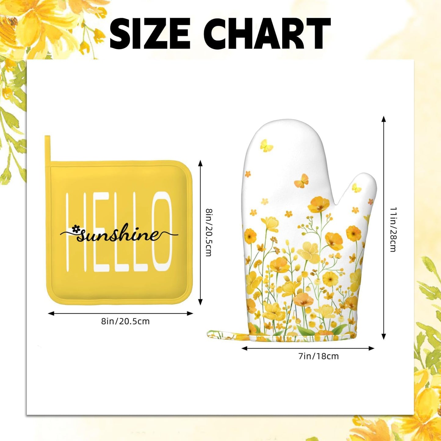 Yellow Flowers Oven Mitts and Pot Holders 4pcs Set, Hello Sunshine Kitchen Oven Gloves 11 inch, Summer Flower Heat Resistant Kitchen Glove Hot Pads, Floral Oven Mitts and Potholder for Kitchen