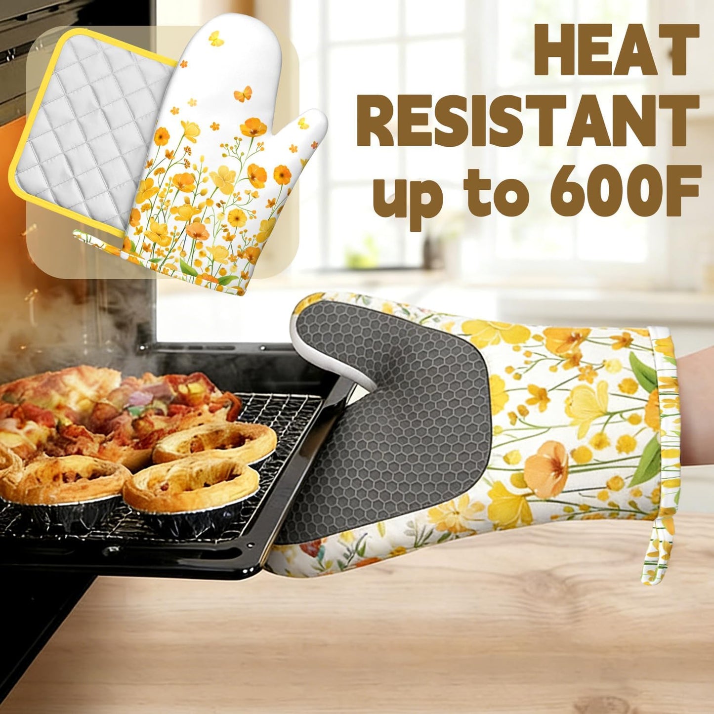 Yellow Flowers Oven Mitts and Pot Holders 4pcs Set, Hello Sunshine Kitchen Oven Gloves 11 inch, Summer Flower Heat Resistant Kitchen Glove Hot Pads, Floral Oven Mitts and Potholder for Kitchen