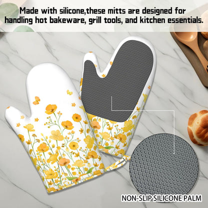 Yellow Flowers Oven Mitts and Pot Holders 4pcs Set, Hello Sunshine Kitchen Oven Gloves 11 inch, Summer Flower Heat Resistant Kitchen Glove Hot Pads, Floral Oven Mitts and Potholder for Kitchen