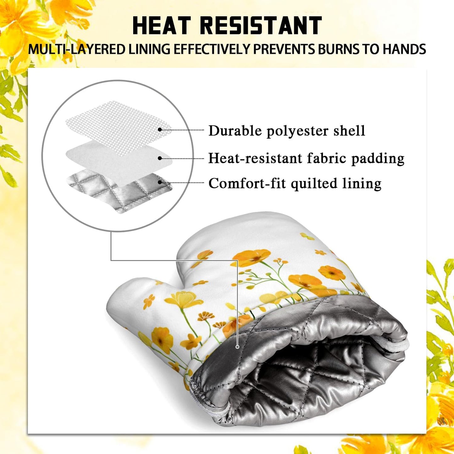 Yellow Flowers Oven Mitts and Pot Holders 4pcs Set, Hello Sunshine Kitchen Oven Gloves 11 inch, Summer Flower Heat Resistant Kitchen Glove Hot Pads, Floral Oven Mitts and Potholder for Kitchen