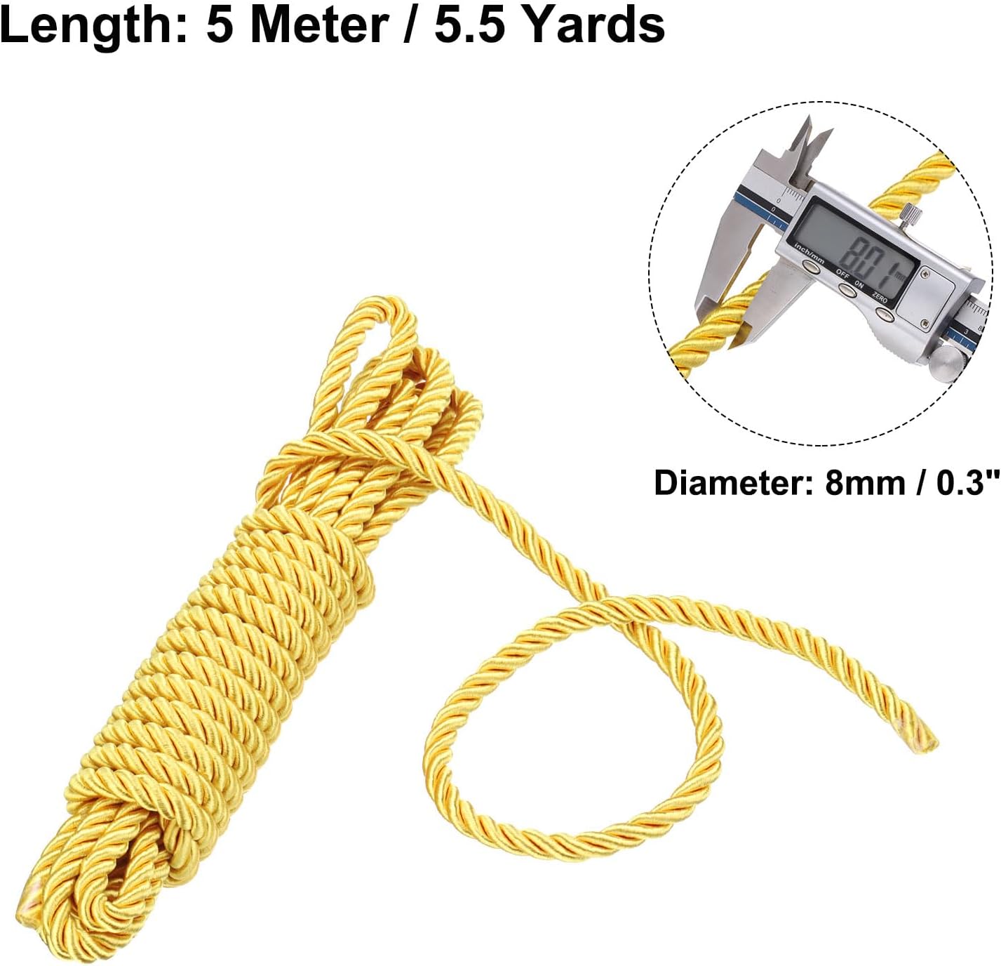 Twisted Trim Cord Rope, 8mm/ 5.5 Yards Nylon Trim Cord Rope Thread String Rope Cord Braid Trim [for Sewing Home Decor Crafts] - 0.3 Inch/Golden Yellow