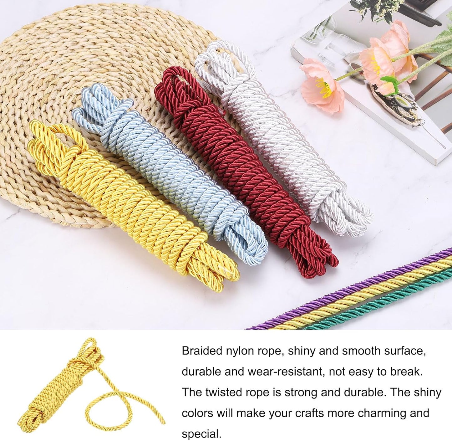 Twisted Trim Cord Rope, 8mm/ 5.5 Yards Nylon Trim Cord Rope Thread String Rope Cord Braid Trim [for Sewing Home Decor Crafts] - 0.3 Inch/Golden Yellow