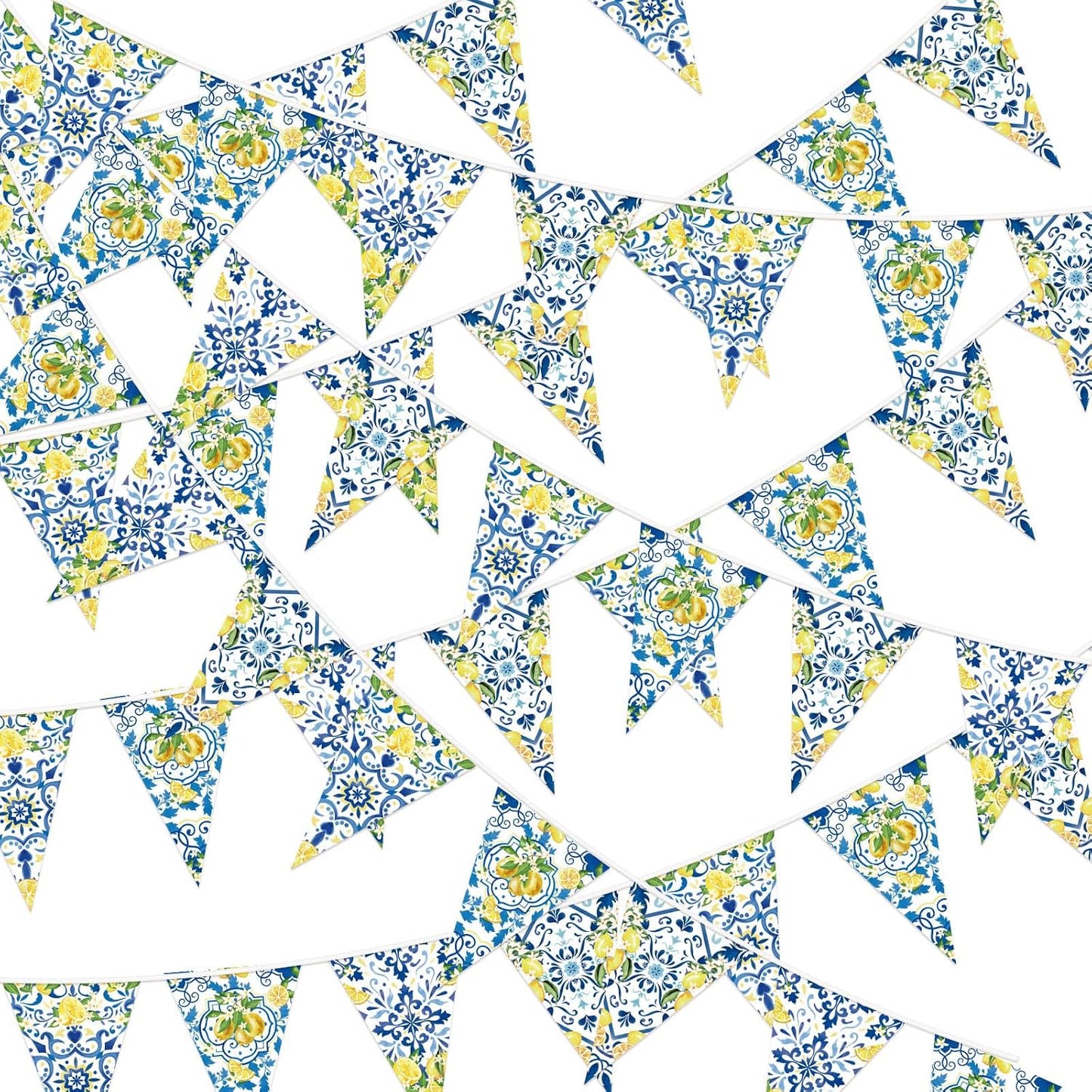 6 Pcs Lemon Bunting Banners Blue Tiles Summer Party Decorations | Blue Tile Pennant Banner Lemonade Triangle Flags for Wedding Birthday Bridal Shower Bachelorette Mediterranean