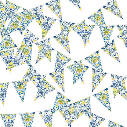 6 Pcs Lemon Bunting Banners Blue Tiles Summer Party Decorations | Blue Tile Pennant Banner Lemonade Triangle Flags for Wedding Birthday Bridal Shower Bachelorette Mediterranean