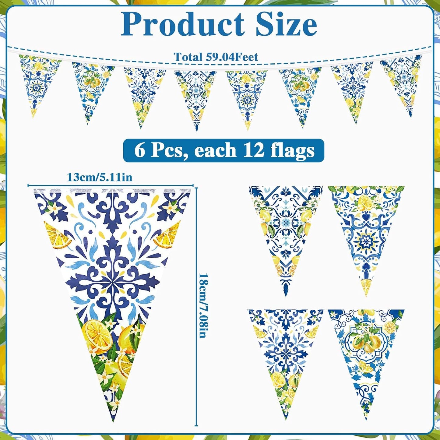 6 Pcs Lemon Bunting Banners Blue Tiles Summer Party Decorations | Blue Tile Pennant Banner Lemonade Triangle Flags for Wedding Birthday Bridal Shower Bachelorette Mediterranean
