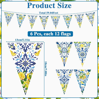 6 Pcs Lemon Bunting Banners Blue Tiles Summer Party Decorations | Blue Tile Pennant Banner Lemonade Triangle Flags for Wedding Birthday Bridal Shower Bachelorette Mediterranean