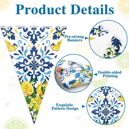 6 Pcs Lemon Bunting Banners Blue Tiles Summer Party Decorations | Blue Tile Pennant Banner Lemonade Triangle Flags for Wedding Birthday Bridal Shower Bachelorette Mediterranean