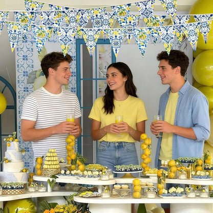 6 Pcs Lemon Bunting Banners Blue Tiles Summer Party Decorations | Blue Tile Pennant Banner Lemonade Triangle Flags for Wedding Birthday Bridal Shower Bachelorette Mediterranean