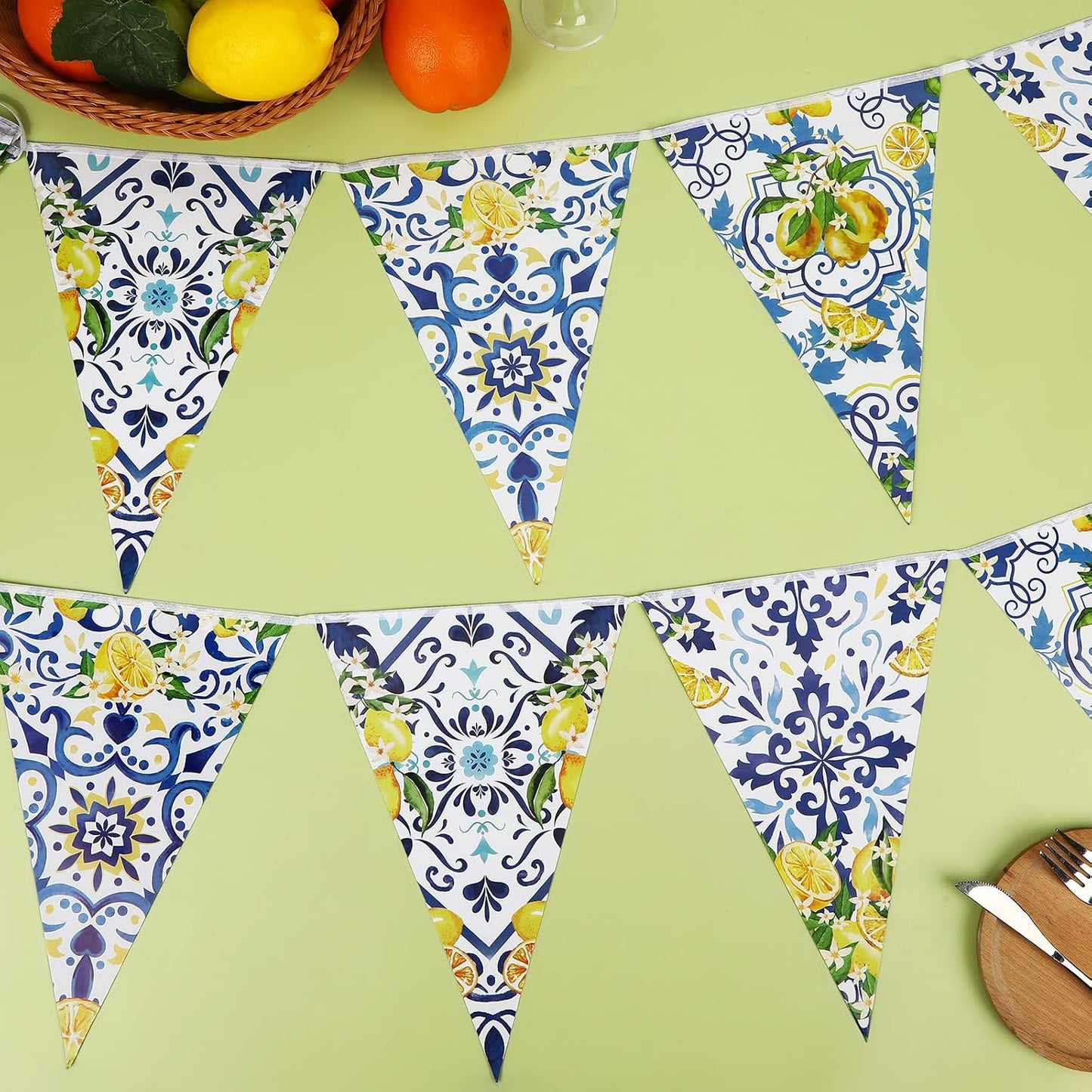 6 Pcs Lemon Bunting Banners Blue Tiles Summer Party Decorations | Blue Tile Pennant Banner Lemonade Triangle Flags for Wedding Birthday Bridal Shower Bachelorette Mediterranean