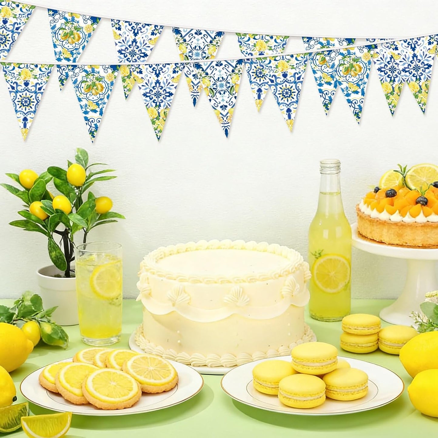6 Pcs Lemon Bunting Banners Blue Tiles Summer Party Decorations | Blue Tile Pennant Banner Lemonade Triangle Flags for Wedding Birthday Bridal Shower Bachelorette Mediterranean