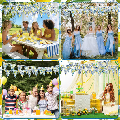 6 Pcs Lemon Bunting Banners Blue Tiles Summer Party Decorations | Blue Tile Pennant Banner Lemonade Triangle Flags for Wedding Birthday Bridal Shower Bachelorette Mediterranean