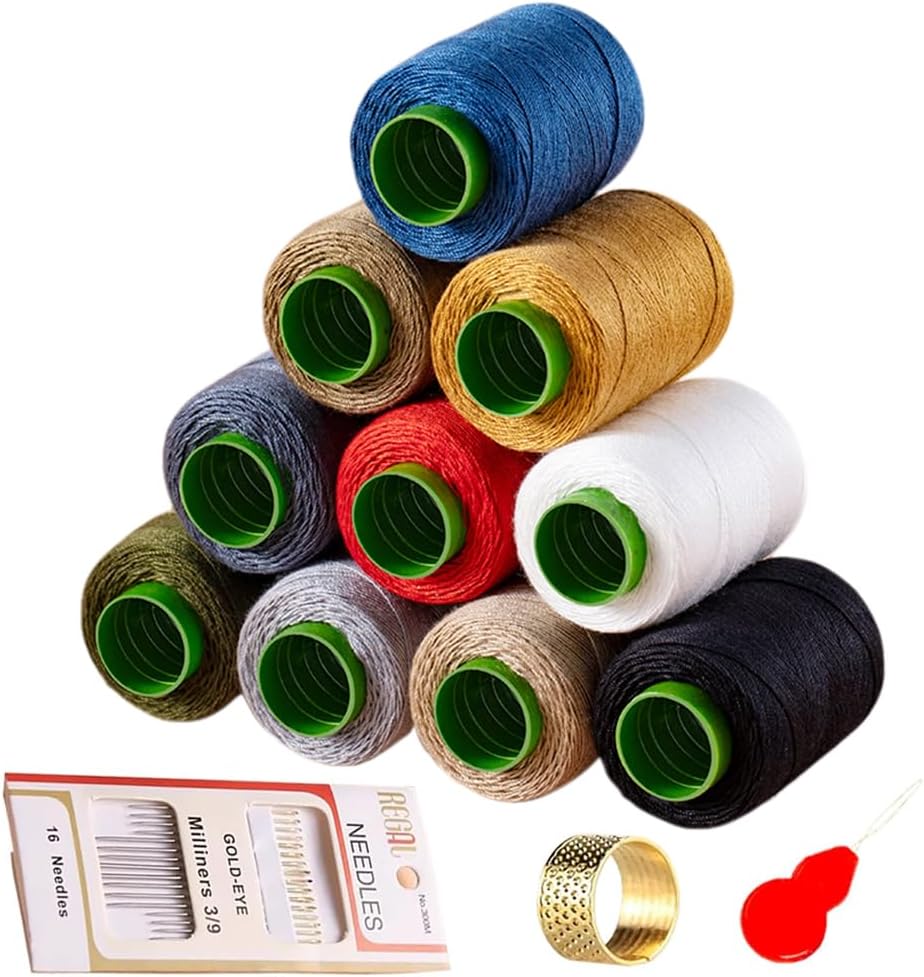10 Color Sewing Thread Kit, Jean Thread 20s/3 Heavy Duty Strong Thick Spools,Needle and Polyester Threads Small kit, with Needle Threader and Thimble