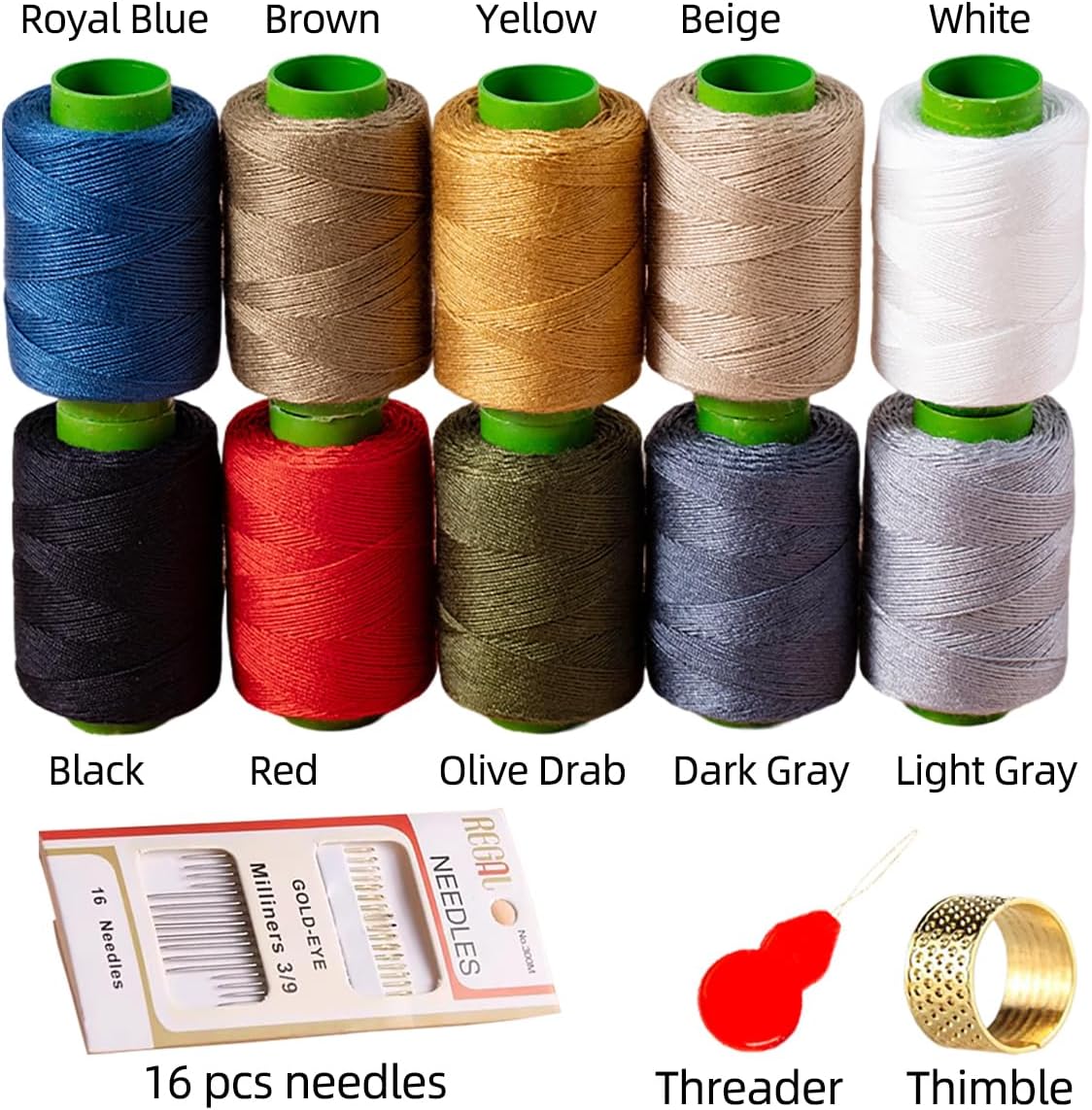 10 Color Sewing Thread Kit, Jean Thread 20s/3 Heavy Duty Strong Thick Spools,Needle and Polyester Threads Small kit, with Needle Threader and Thimble
