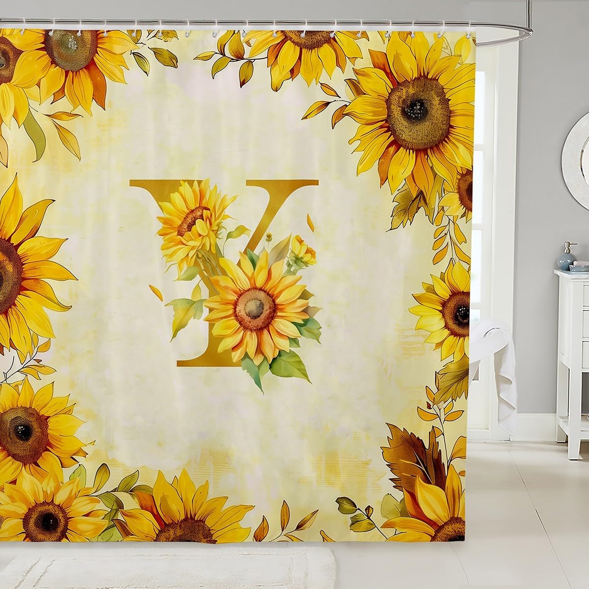 Floral Print Shower Curtain for Bathroom Decor Yellow Initial Y Bath Curtain for Stalls Bathtubs Sunflower Bathroom Accessories Waterproof Polyester Fabric with 12 Hooks 72"x72"