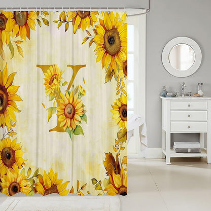 Floral Print Shower Curtain for Bathroom Decor Yellow Initial Y Bath Curtain for Stalls Bathtubs Sunflower Bathroom Accessories Waterproof Polyester Fabric with 12 Hooks 72"x72"