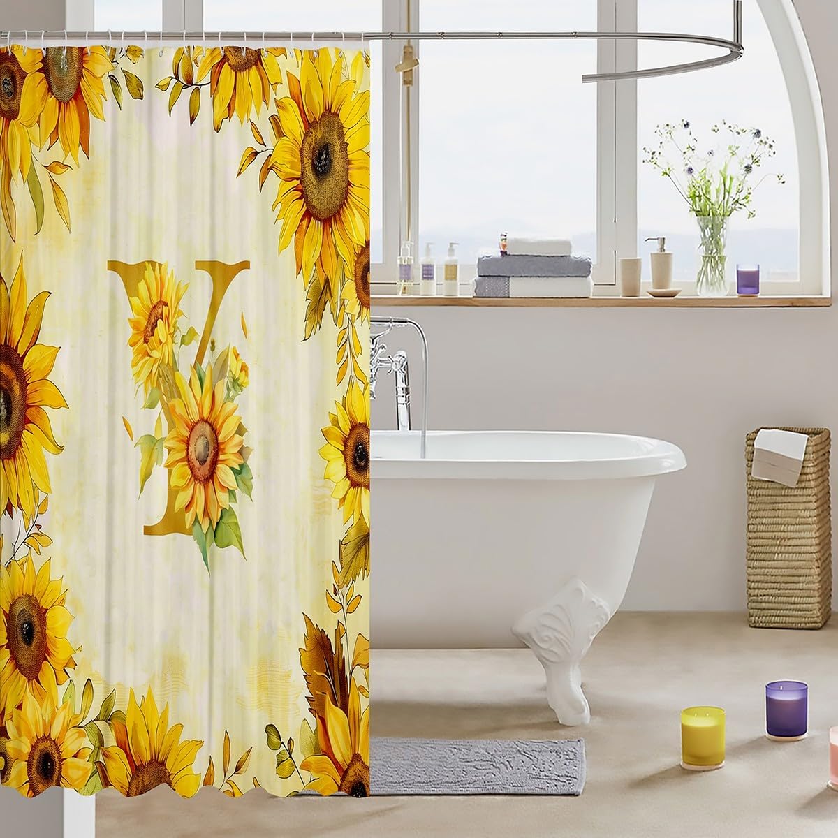 Floral Print Shower Curtain for Bathroom Decor Yellow Initial Y Bath Curtain for Stalls Bathtubs Sunflower Bathroom Accessories Waterproof Polyester Fabric with 12 Hooks 72"x72"