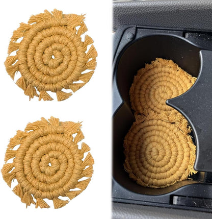 2PCS Boho Car Cup Holder Coasters, 3.14" Cotton Handmade Woven Automotive Insert Mat, Cute Vehicle Interior Anti-Slip Drink Pad Decoration Accessories for SUV Sedan Truck(Yellow)