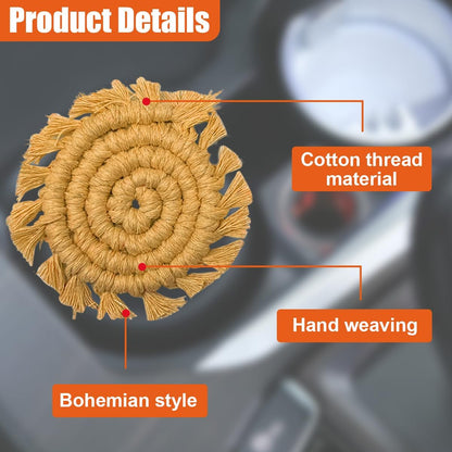 2PCS Boho Car Cup Holder Coasters, 3.14" Cotton Handmade Woven Automotive Insert Mat, Cute Vehicle Interior Anti-Slip Drink Pad Decoration Accessories for SUV Sedan Truck(Yellow)