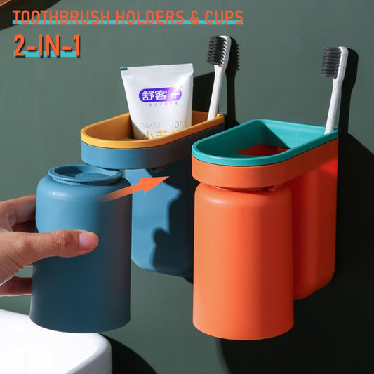 Toothbrush Holder Wall Mounted with Cup,2-in-1 Toothbrush Holders & Cups Set,Inverted Design for Easy Cleaning and draining,Stick-on Toothbrush Holder for Bathroom (Yellow)