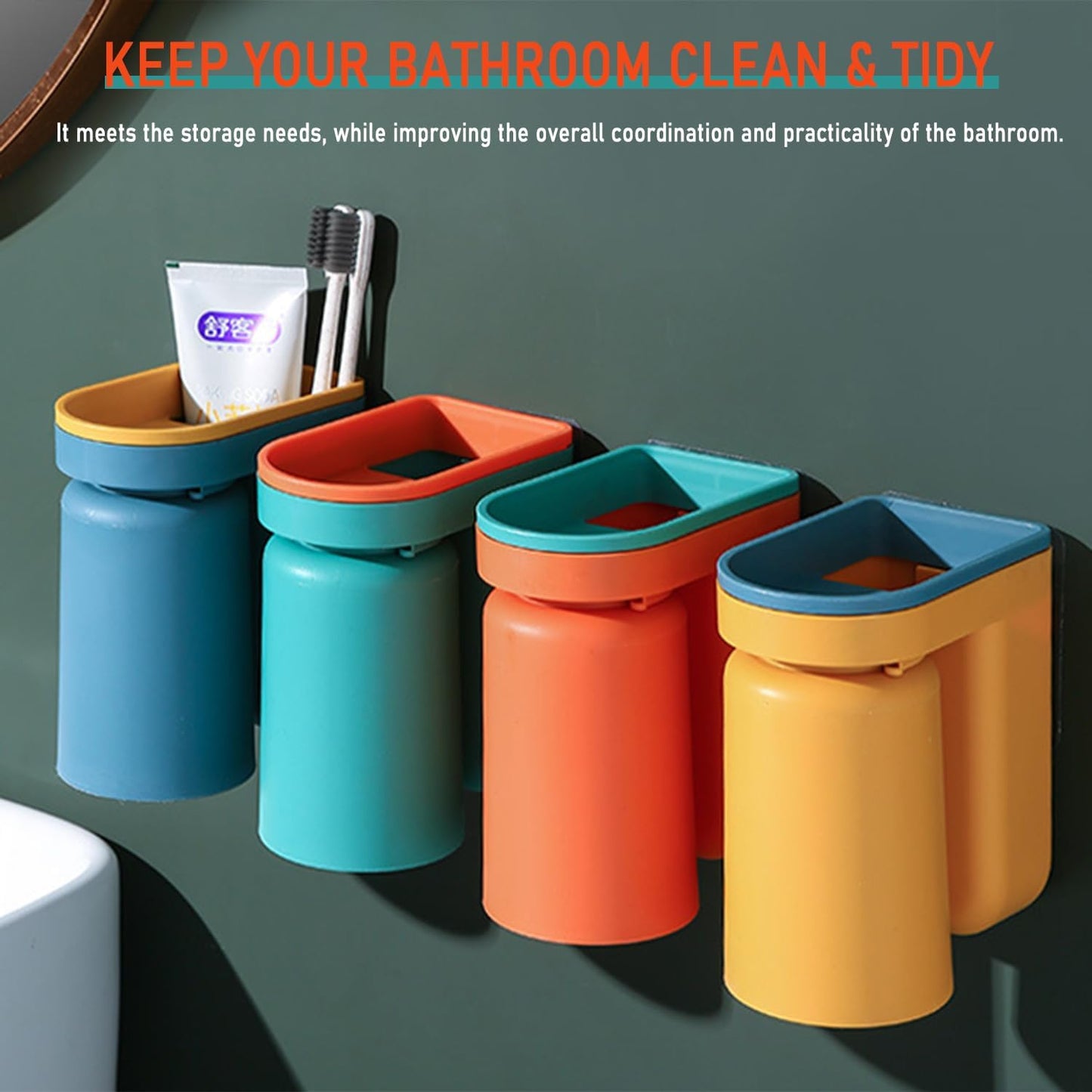Toothbrush Holder Wall Mounted with Cup,2-in-1 Toothbrush Holders & Cups Set,Inverted Design for Easy Cleaning and draining,Stick-on Toothbrush Holder for Bathroom (Yellow)