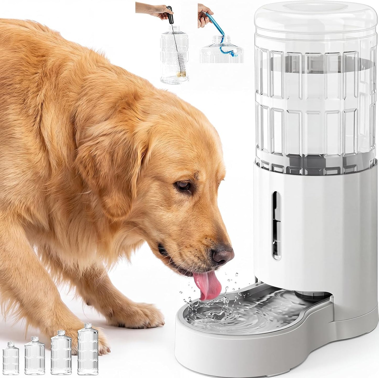 Dog Water Bowl Dispenser 9.5L, Wider Mouth Gravity Refilling (White) | With Stainless Steel Bowl Gravity Waterer, Large Capacity and Drinking Area Noise-Free for Pets