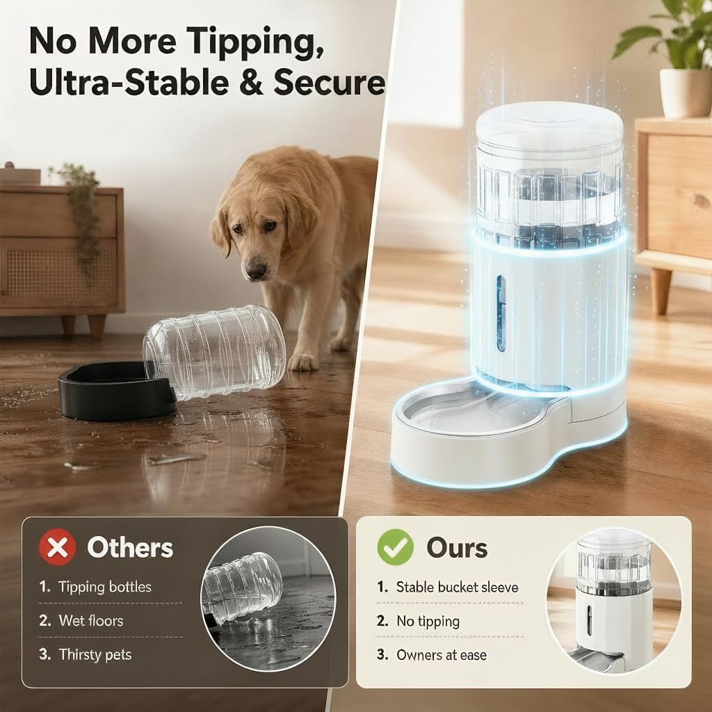 Dog Water Bowl Dispenser 9.5L, Wider Mouth Gravity Refilling (White) | With Stainless Steel Bowl Gravity Waterer, Large Capacity and Drinking Area Noise-Free for Pets