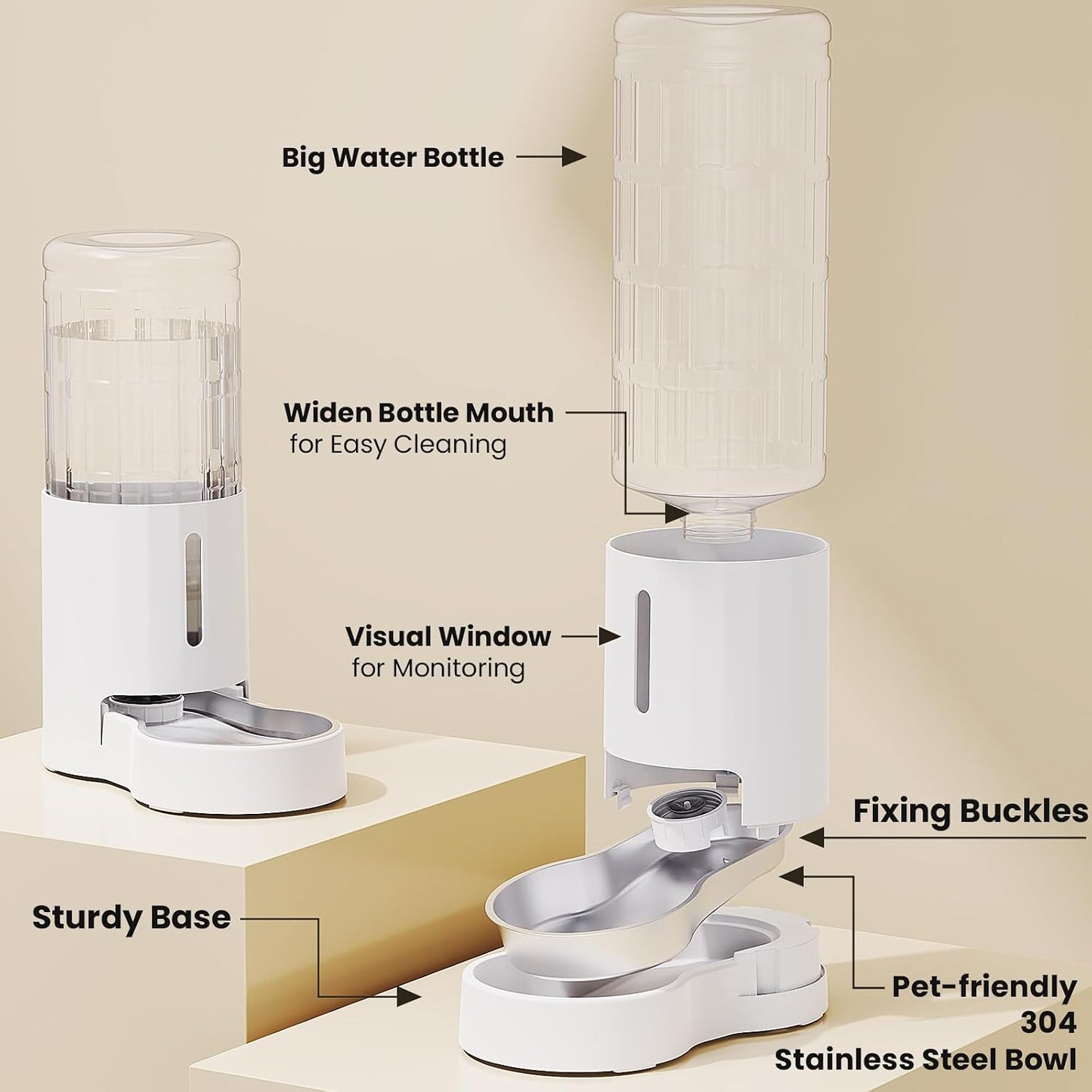 Dog Water Bowl Dispenser 9.5L, Wider Mouth Gravity Refilling (White) | With Stainless Steel Bowl Gravity Waterer, Large Capacity and Drinking Area Noise-Free for Pets