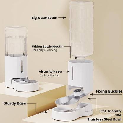 Dog Water Bowl Dispenser 9.5L, Wider Mouth Gravity Refilling (White) | With Stainless Steel Bowl Gravity Waterer, Large Capacity and Drinking Area Noise-Free for Pets