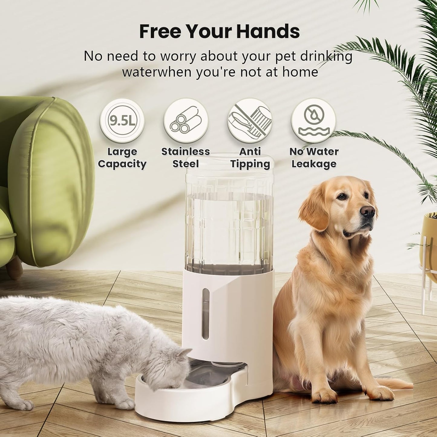 Dog Water Bowl Dispenser 9.5L, Wider Mouth Gravity Refilling (White) | With Stainless Steel Bowl Gravity Waterer, Large Capacity and Drinking Area Noise-Free for Pets