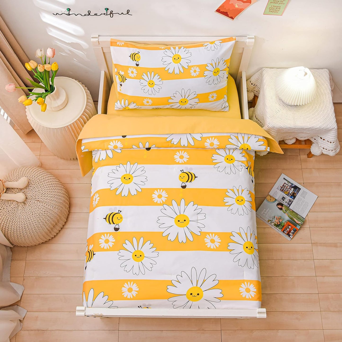 4 Pieces Ultra Soft Toddler Bedding Set, Colorful Bees and Flower Pattern Stripe Comforter Sets for Baby Girls Boys, Yellow