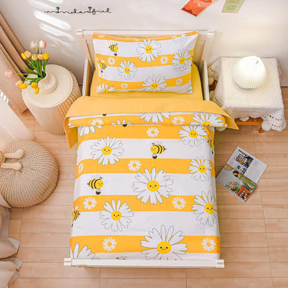 4 Pieces Ultra Soft Toddler Bedding Set, Colorful Bees and Flower Pattern Stripe Comforter Sets for Baby Girls Boys, Yellow
